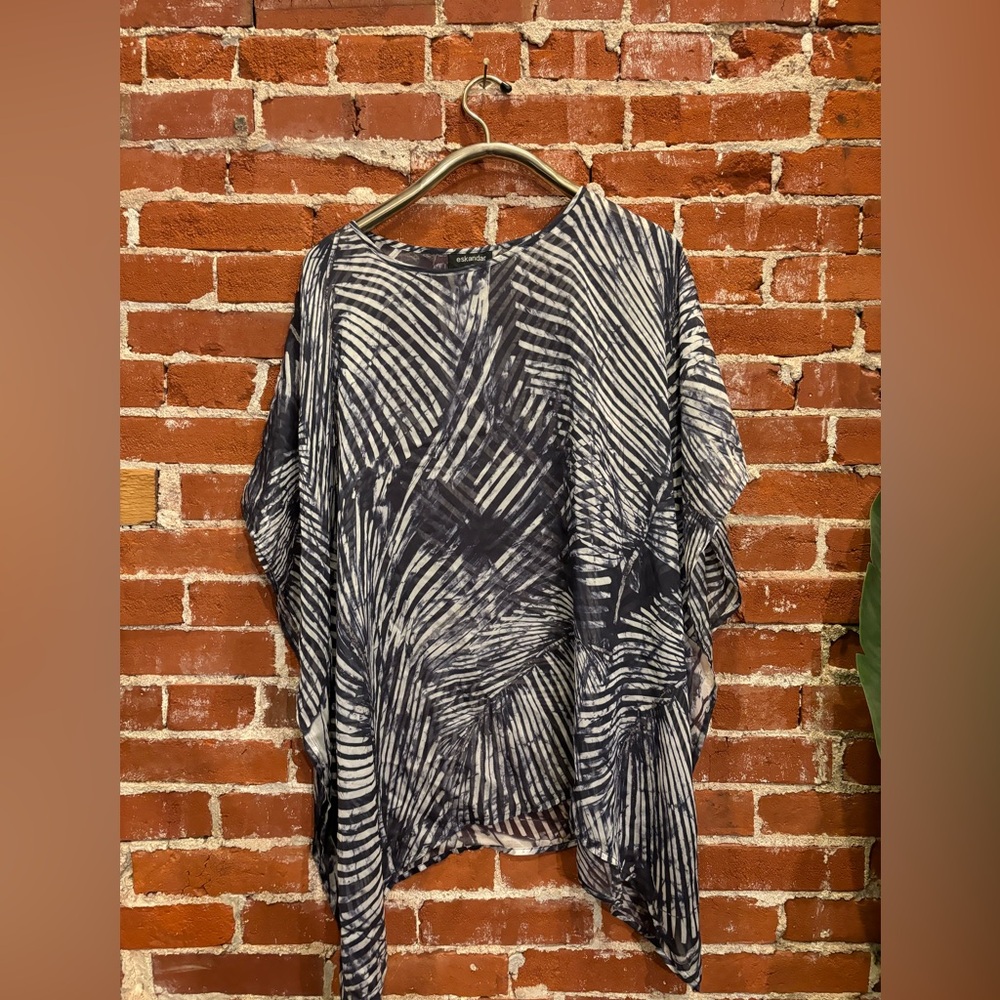 Eskandar (size 0) 100% Silk Blue Feather Abstract Print Silk Kaftan Poncho Top